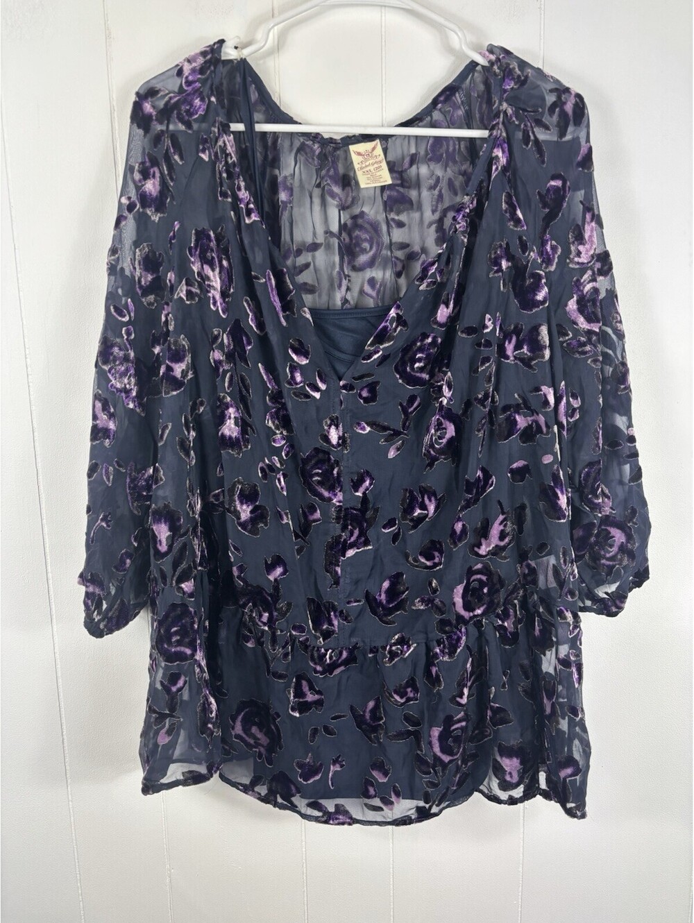 Burnout Velvet Top XXL 20 Purple Rose Black Sheer Blouse Pullover Fairy Mesh